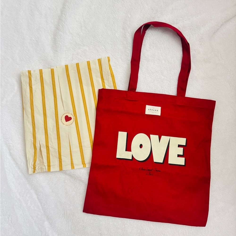 Sezane Paris red Valentine’s love Canvas Tote Bag/ New